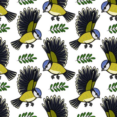 Seamless vector pattern illustration of a blue tit bird in flight with green leaves, cute cartoon style