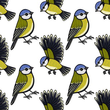 Seamless vector pattern of blue tit birds in flight and perched, charming illustration for nature themes