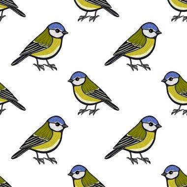 Seamless vector pattern of cute blue tit birds, hand-drawn illustration with vibrant colors and clean lines, ideal for textiles and wallpapers.