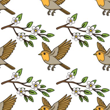 Kırlangıçların ve açan dalların büyüleyici vektör deseni, bahar temaları için mükemmel.