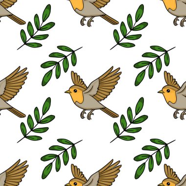 Yeşil dalları olan, bahar ve Paskalya temaları için mükemmel sevimli bir bülbül kuşunun kusursuz vektör deseni çizimi.