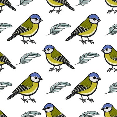 Seamless vector pattern of cute blue tit birds and feathers, charming nature illustration