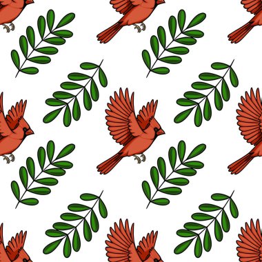Beyaz arka planda canlı kırmızı kardinallerin ve yeşil yapraklı dalların kusursuz vektör deseni
