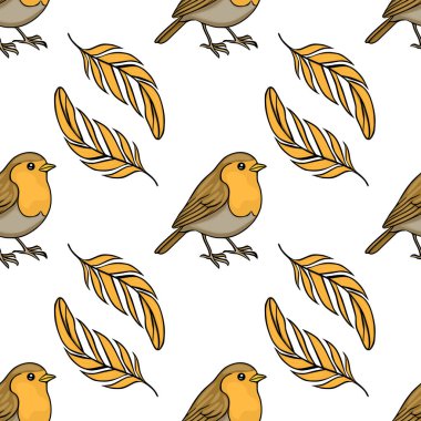 Tatlı bülbüller ve altın tüylerden oluşan kusursuz vektör deseni, bahar ve sonbahar temaları için büyüleyici illüstrasyon
