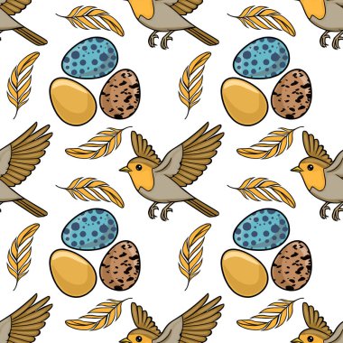 Tatlı bülbüllerin, renkli yumurtaların ve altın tüylerin kusursuz vektör deseni. Paskalya ve bahar temaları için mükemmel..