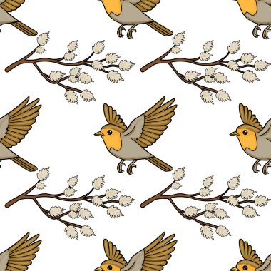 Seamless vector pattern of a cute robin bird flying near pussy willow branches, perfect for spring themes