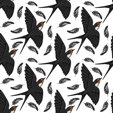 Uçan kırlangıçların ve tüylerin kusursuz vektör deseni, zarif siyah ve beyaz tasarım.