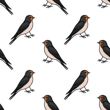 Beyaz arka planda izole edilmiş ahır kırlangıç kuşlarının kusursuz vektör deseni, büyüleyici bir illüstrasyon.