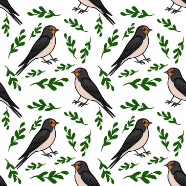Kırlangıç kuşları ve yeşil yaprakların kusursuz vektör deseni, bahar ve doğa temaları için büyüleyici illüstrasyon