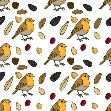 Kırlangıçların kusursuz vektör deseni ve karışık kuş tohumu, doğa severler için sevimli bir illüstrasyon.