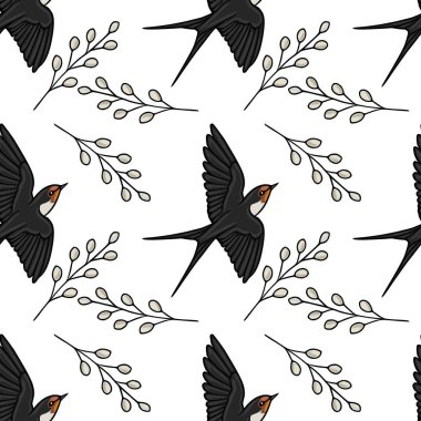 Uçan kırlangıç kuşlarının ve söğüt dallarının kusursuz vektör deseni, bahar temalı illüstrasyon