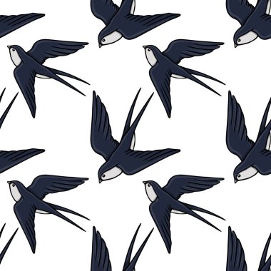 Uçan kırlangıçların kusursuz vektör şablonu, beyaz karınlı zarif koyu mavi kuşlar temiz beyaz arka planda süzülüyorlar, bahar ve doğa temaları için mükemmel..