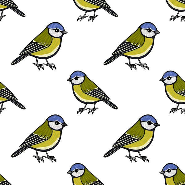 Seamless vector pattern of cute blue tit birds, hand-drawn illustration with vibrant colors and clean lines, ideal for textiles and wallpapers.