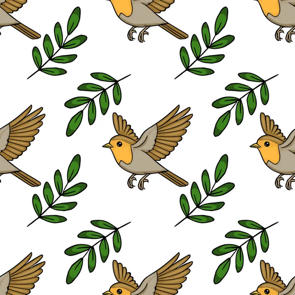Yeşil dalları olan, bahar ve Paskalya temaları için mükemmel sevimli bir bülbül kuşunun kusursuz vektör deseni çizimi.