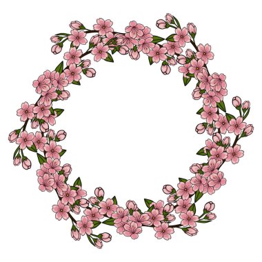 Narin pembe kiraz çiçekli dal vektör çizimi, tomurcuklar ve yeşil yapraklarla dairesel bir çerçeve oluşturuyor, bahar temaları için mükemmel.