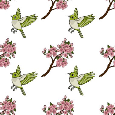 Kiraz çiçeği dalındaki sevimli yeşil kuşun kusursuz vektör deseni, Japon ilkbahar illüstrasyonu