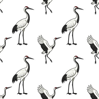 Çeşitli pozlarda zarif kırmızı taçlı vinçlerin kusursuz çizimi, tekstil ve duvar kağıdı tasarımları için mükemmel.