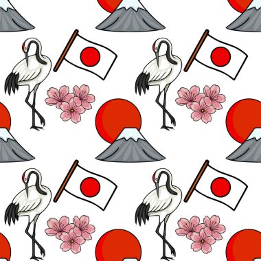 Japon vinçlerinin, kiraz çiçeklerinin, Fuji Dağı 'nın ve Japon bayrağının kusursuz vektör deseni.