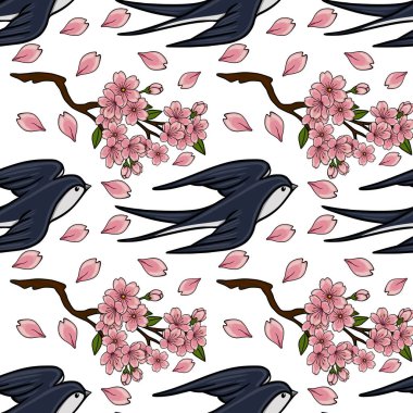 Uçan kırlangıçların ve düşen yapraklarla açan kiraz çiçeklerinin kusursuz vektör çizimi