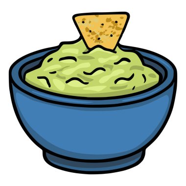 Kremalı yeşil guacamole ve içine batırılmış tek bir tortilla cipsi ile dolu mavi bir kasenin canlı vektör çizimi.
