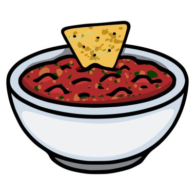 Beyaz kasede çıtır bir tortilla parçalı taze salsa sosu, vektör illüstrasyonu.