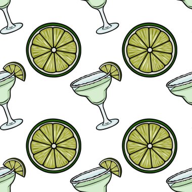 Beyaz arka planda ferahlatıcı margarita kokteylleri ve limon dilimlerinin kusursuz vektör deseni..