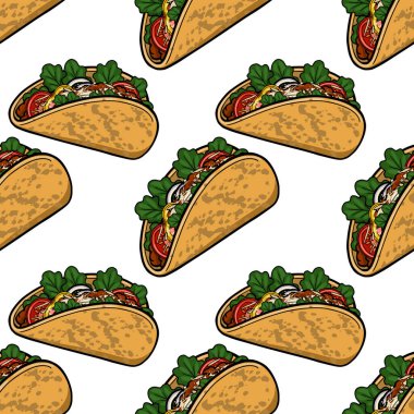 Taze malzemeli leziz tacoların kusursuz vektör deseni, aşçılık ve tasarım için mükemmel.