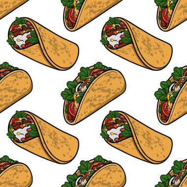 Taze malzemeli leziz dürümlerin kusursuz vektör deseni, yemek temalı tasarımlar için mükemmel.