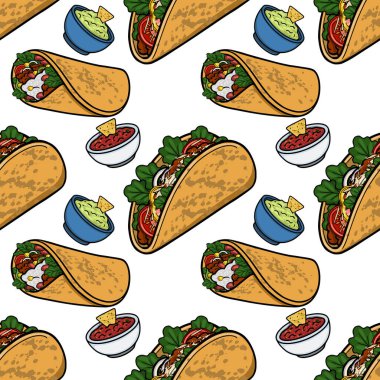 Lezzetli tacolardan kusursuz vektör deseni ve bir kase guacamole ve salsa soslu tortilla cipsi.