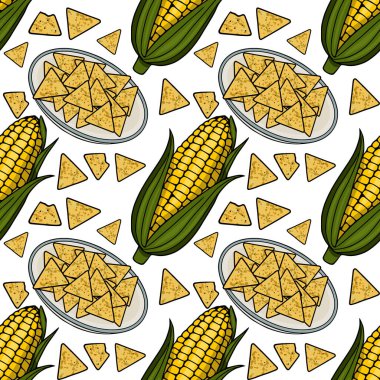 Şenlikli Cinco de Mayo vektör desenli mısır koçanı ve çıtır tortilla cipsi.