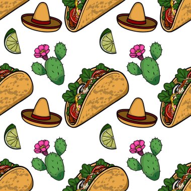 Canlı Cinco de Mayo vektör desenli taco, sombreros, limon ve kaktüs.