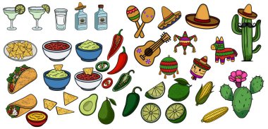 Meksika yemekleri, içecekleri ve Cinco de Mayo için dekorasyonlar.