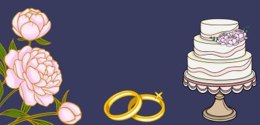 Pembe şakayıklar, alyanslar ve koyu mavi arka planda katmanlı bir pasta ile zarif bir vektör pankartı..