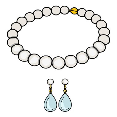 Zarif inci kolye vektörü ve gözyaşı damlası küpeleri çizimi, beyaz üzerine izole edilmiş.