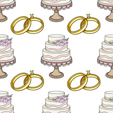 Zarif düğün pastalarının kusursuz vektör deseni ve pembe çiçek aksanlı altın halkalar.