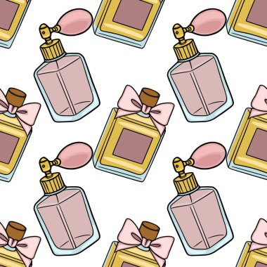 Pembe yaylı ve atomlu zarif parfüm şişelerinin kusursuz vektör deseni