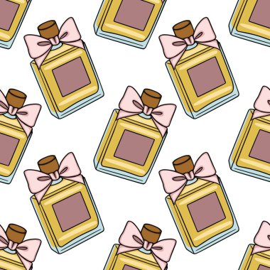 Pembe yaylı, zarif ve lüks tasarımlı klasik parfüm şişelerinin kusursuz vektör deseni