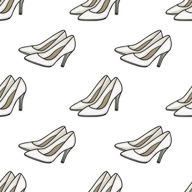 Zarif, beyaz, yüksek topuklu ayakkabıların kusursuz vektör deseni. Düğün veya moda temaları için mükemmel..
