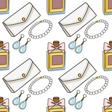 Zarif moda aksesuarlarının kusursuz vektör deseni. Parfüm şişesi, debriyaj, inci kolye ve küpe..