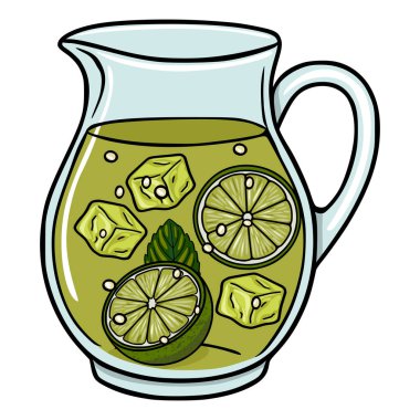 Limonata, buz küpleri, nane ve limon dilimleriyle dolu cam sürahinin canlandırıcı vektör çizimi.