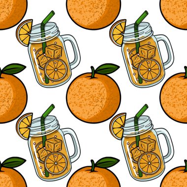 Portakal suyunu mason kavanozunda tazeleyen dikişsiz desen, tam portakal ve dilimlenmiş narenciye, yaz içeceği illüstrasyonu
