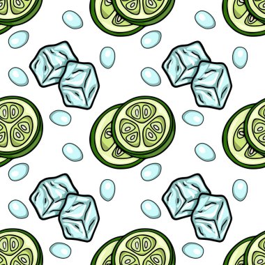 Yaz içecekleri için salatalık dilimleri ve buz küpleri vektör deseni tazeleniyor