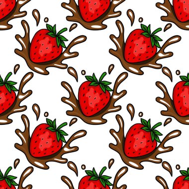 Sulu kırmızı çileklerin kusursuz vektör deseni zengin çikolataya sıçrıyor. Yemek paketleme ve şekerleme tasarımları için mükemmel..