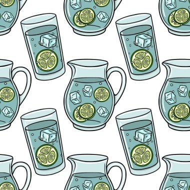 Salatalık suyu sürahisi ve cam dikişsiz desenli vektör çizimi tazeleniyor