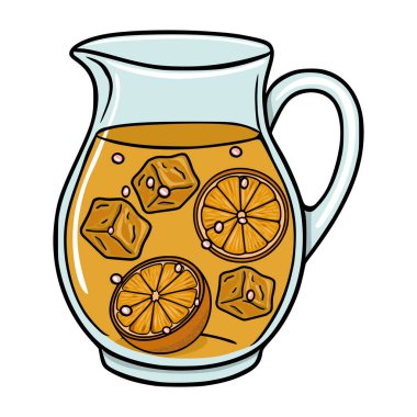 Buzlu ve narenciye dilimli cam sürahide portakal limonatasını tazelemek, vektör illüstrasyonu