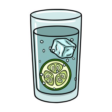 Soğuk su, buz küpleri ve bir dilim salatalık ile dolu uzun bir bardağın canlandırıcı vektör çizimi.