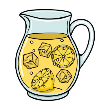 Limonata sürahi vektör illüstrasyonunu buz küpleri ve limon dilimleriyle yenilemek yaz içecekleri ve yemek tarifleri için mükemmeldir..