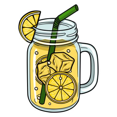 Limon dilimleri ve buz küpleriyle dolu bir kavanozda limonata, yaz içkisi illüstrasyonu.