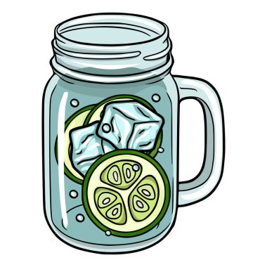Buz küpleri ve su içinde salatalık dilimleriyle dolu bir mason kavanozunun vektör illüstrasyonunu canlandırıyorum..