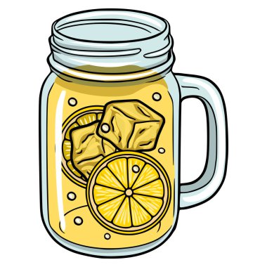 Limonatanın buz küpleri ve limon dilimleriyle mason kavanozundaki vektör illüstrasyonunu canlandırıyorum.